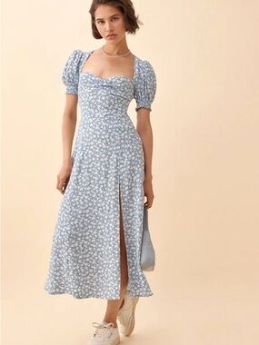Reformation Light Blue Floral Puff-Sleeve Midi Dress